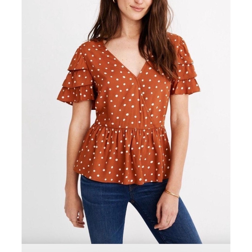 Madewell Inkspot Dot Tiered Sleeve Peplum Top Rust Orange Polka Dot Size 6